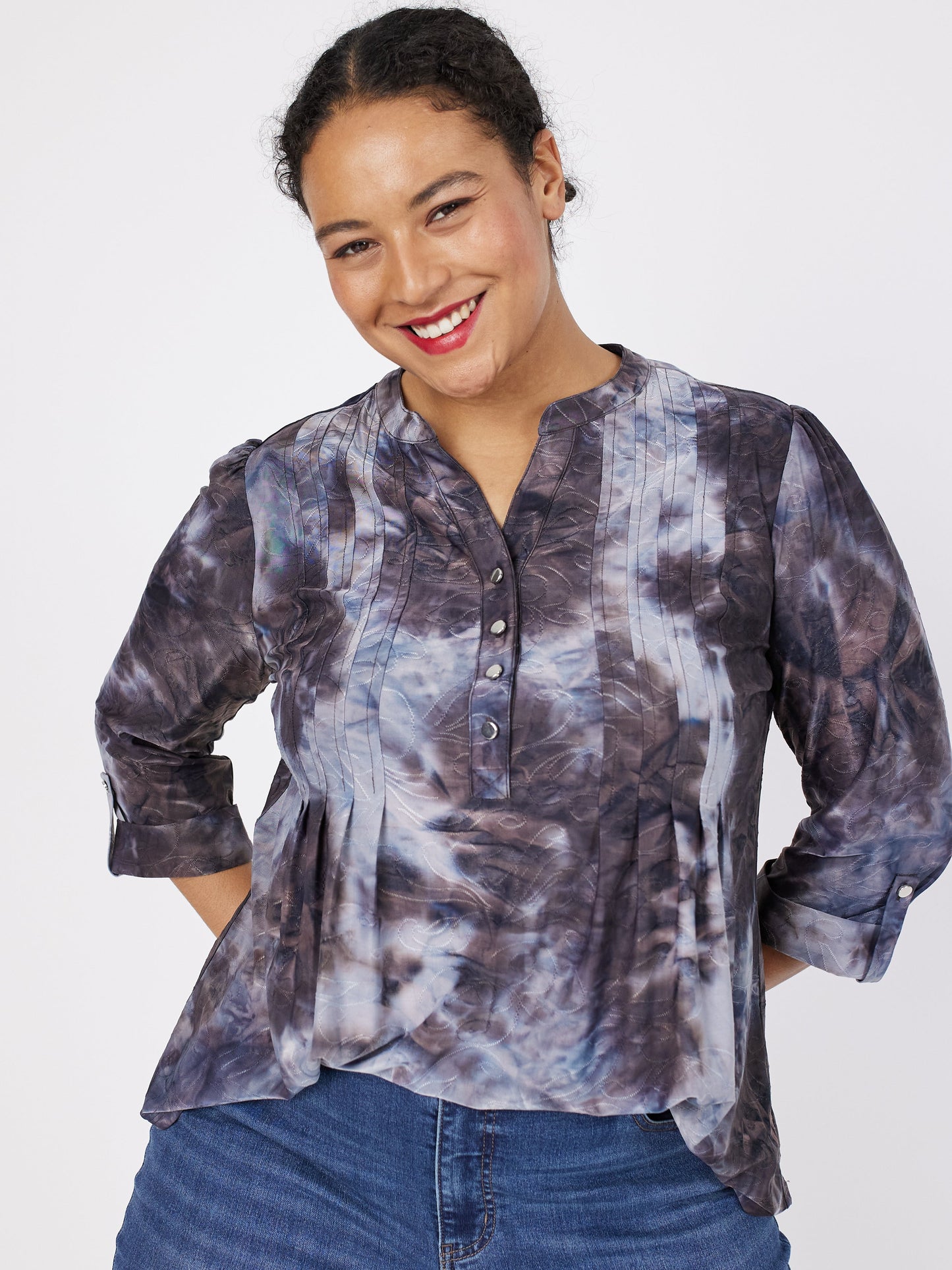 Roz & Ali Grey Jacquard Tie Dye Popover - Plus