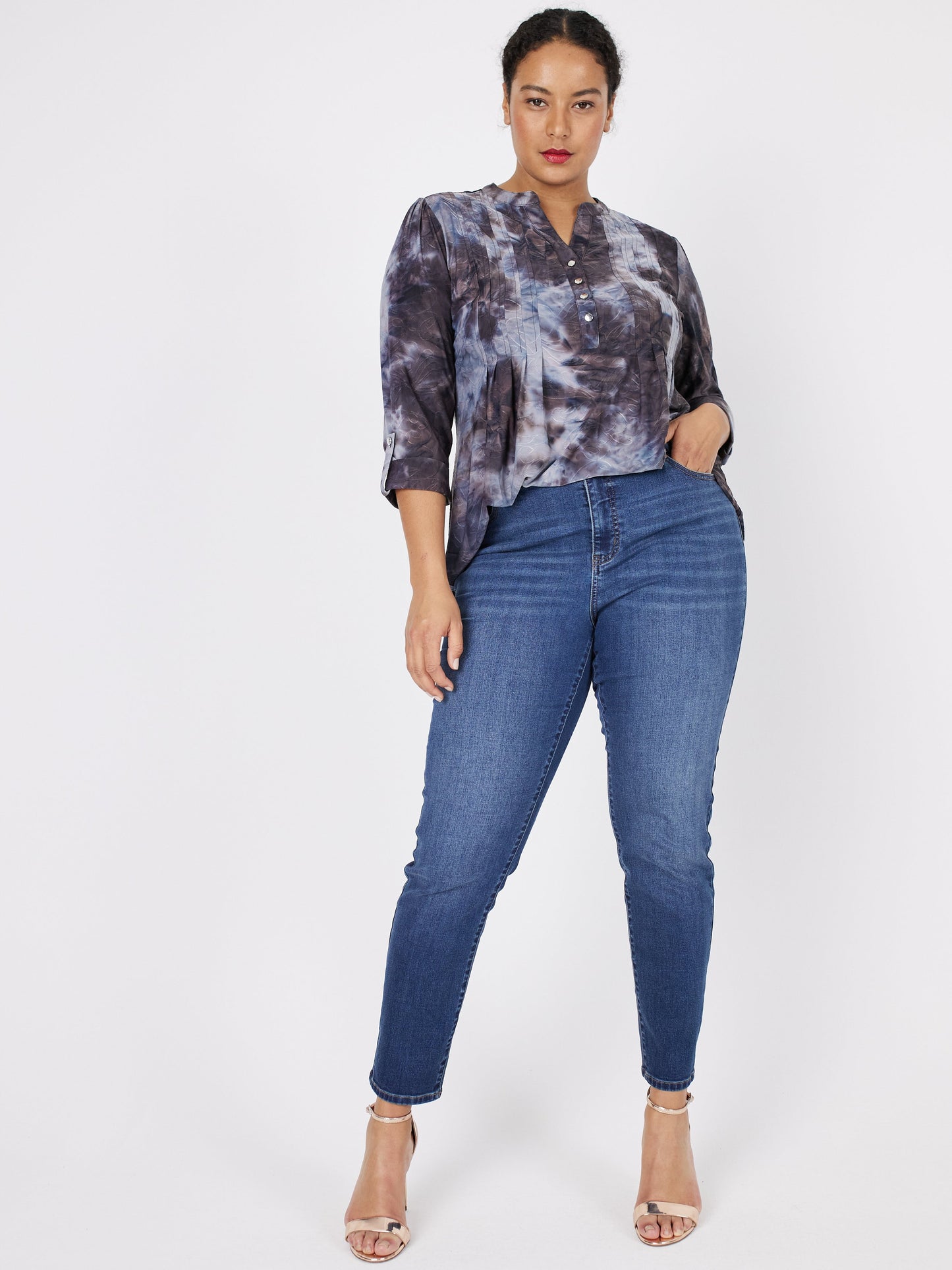 Roz & Ali Grey Jacquard Tie Dye Popover - Plus