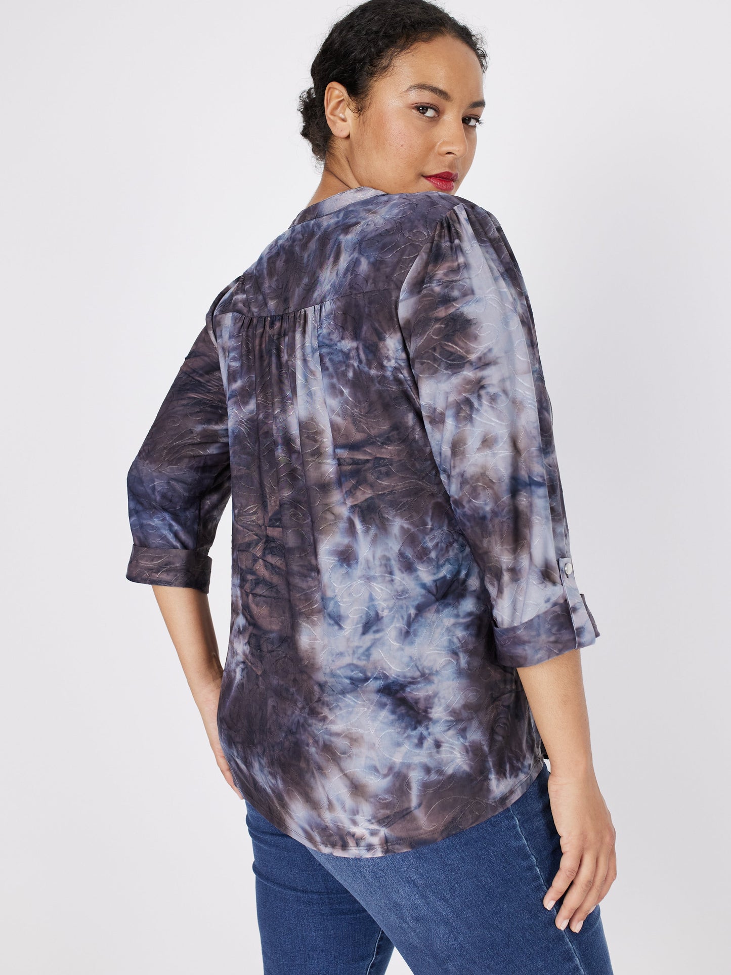 Roz & Ali Grey Jacquard Tie Dye Popover - Plus