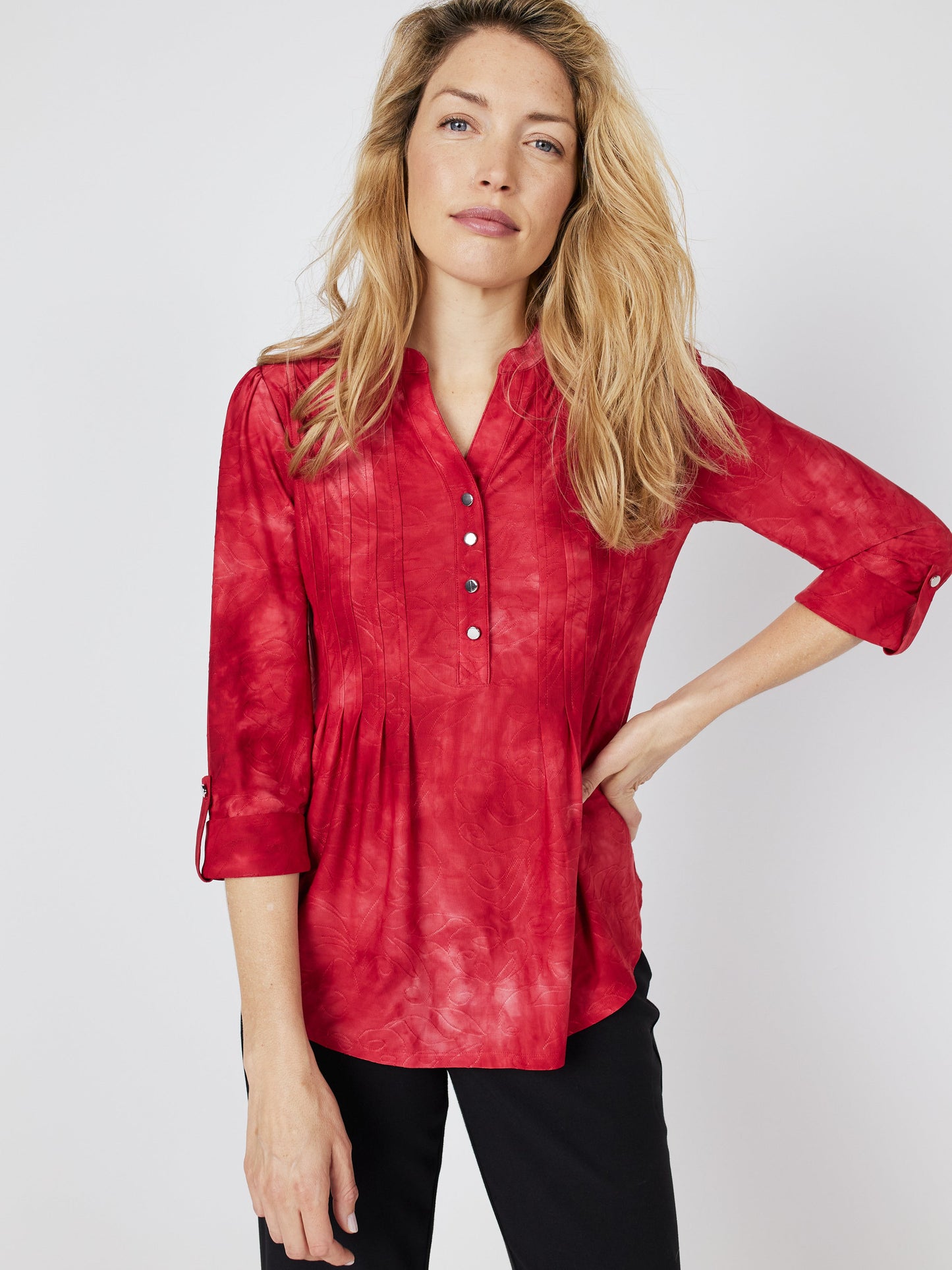 Roz & Ali Red Jacquard Tie Dye Popover