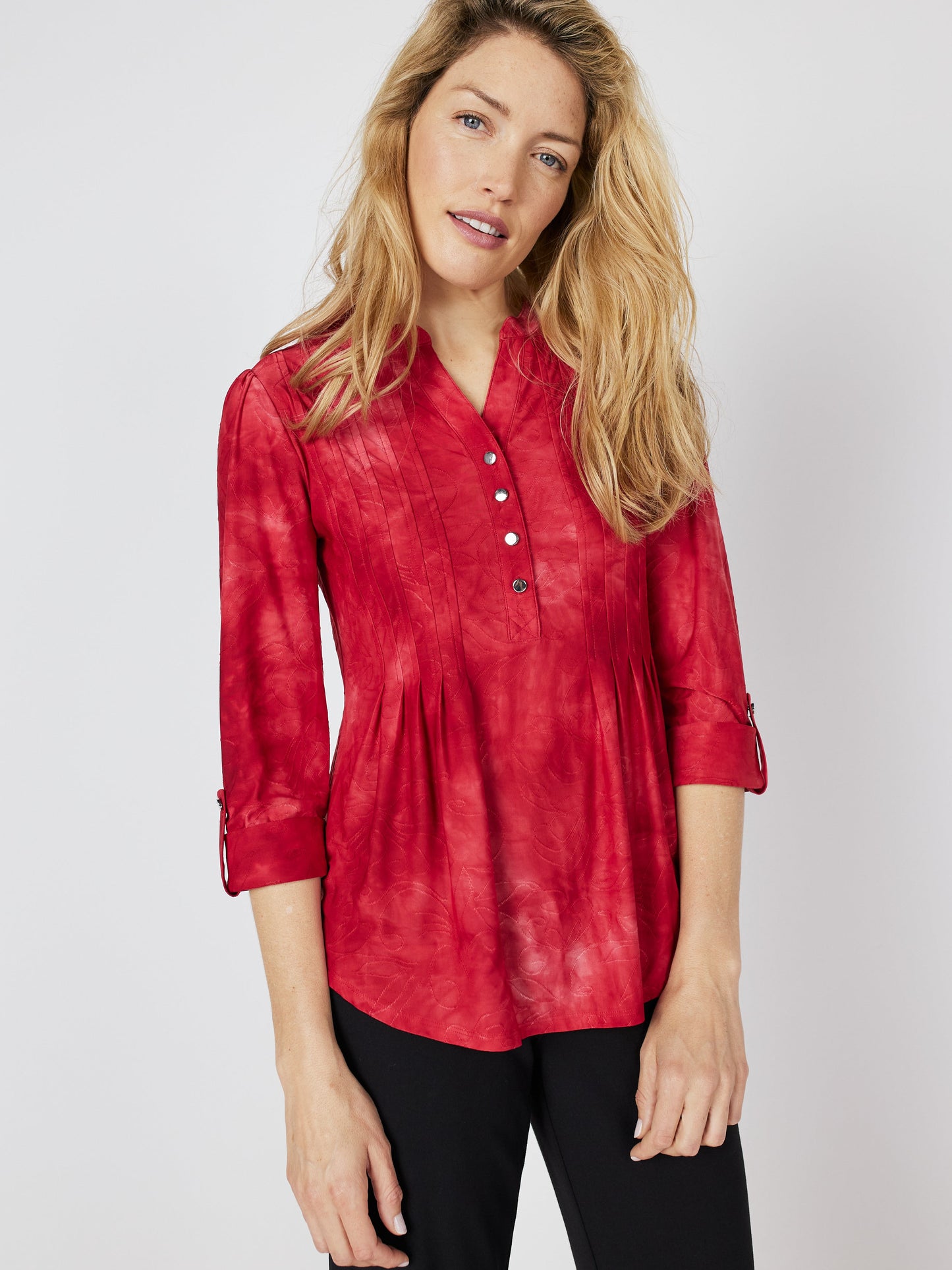 Roz & Ali Red Jacquard Tie Dye Popover