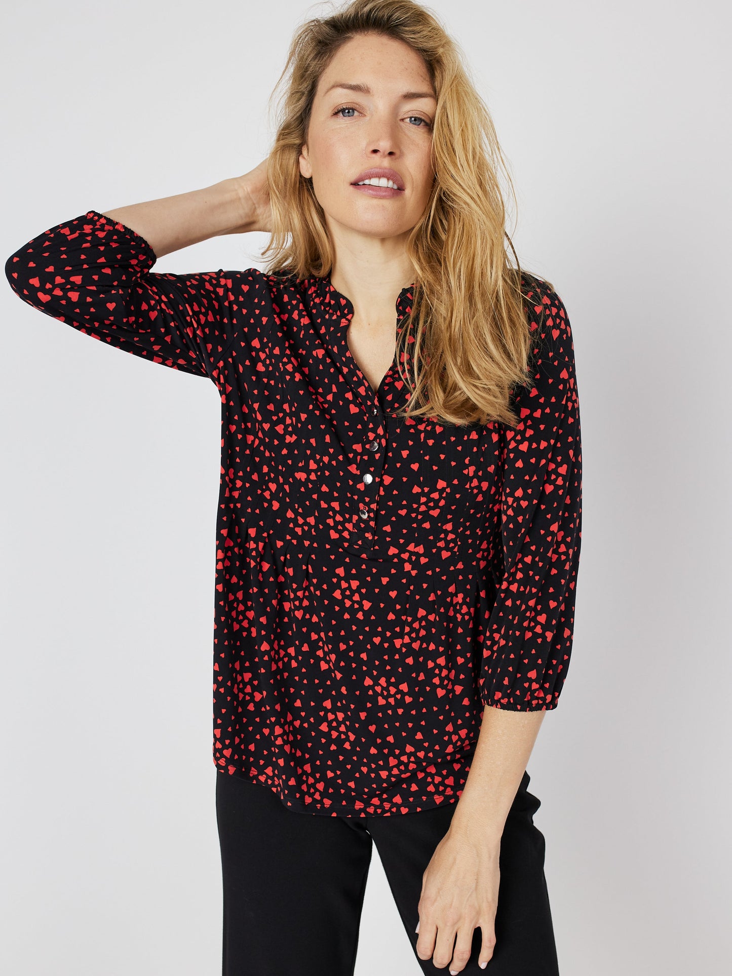 Roz & Ali Heart Print Ruffle Neck Popover