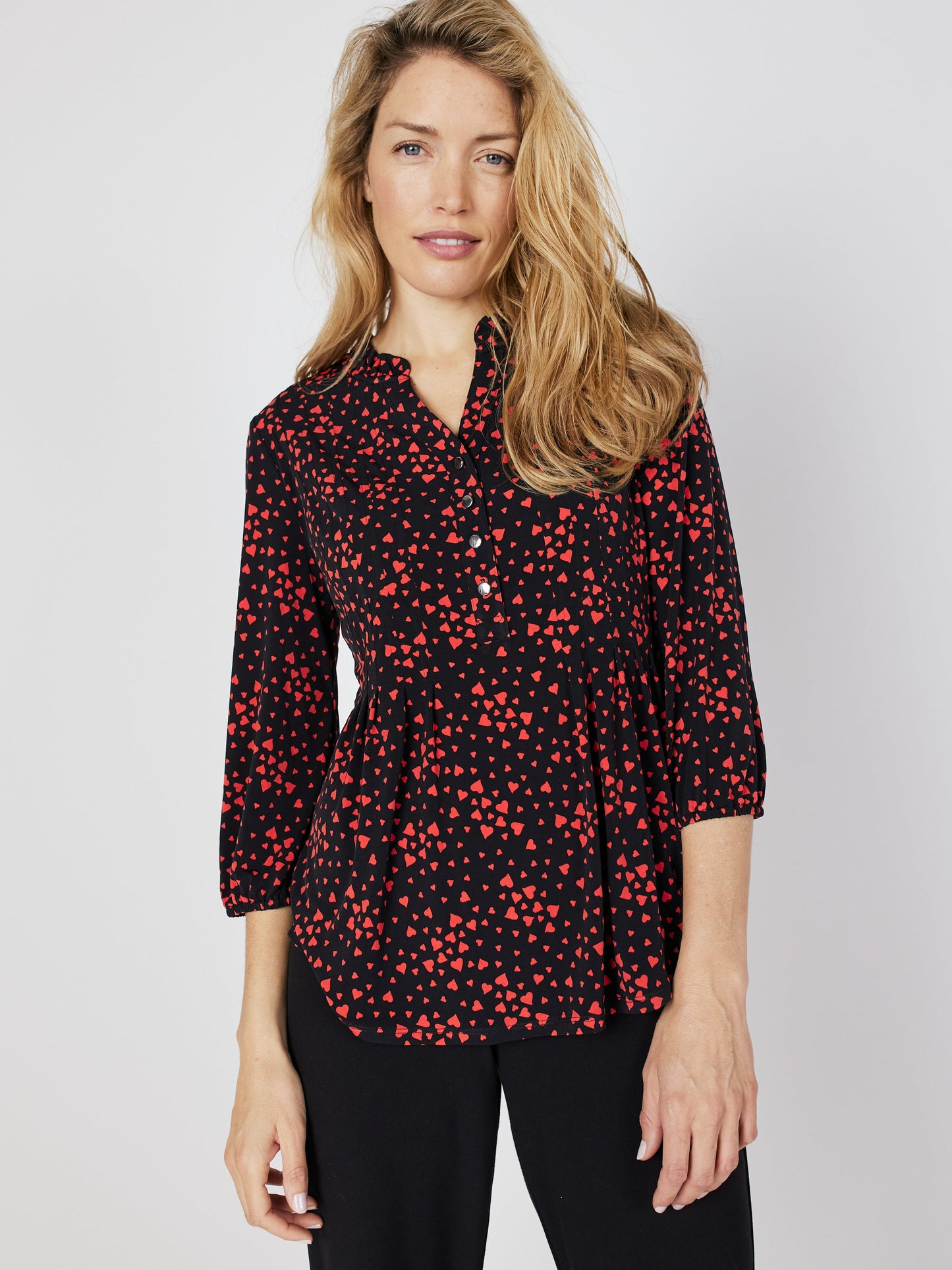 Roz & Ali Heart Print Ruffle Neck Popover