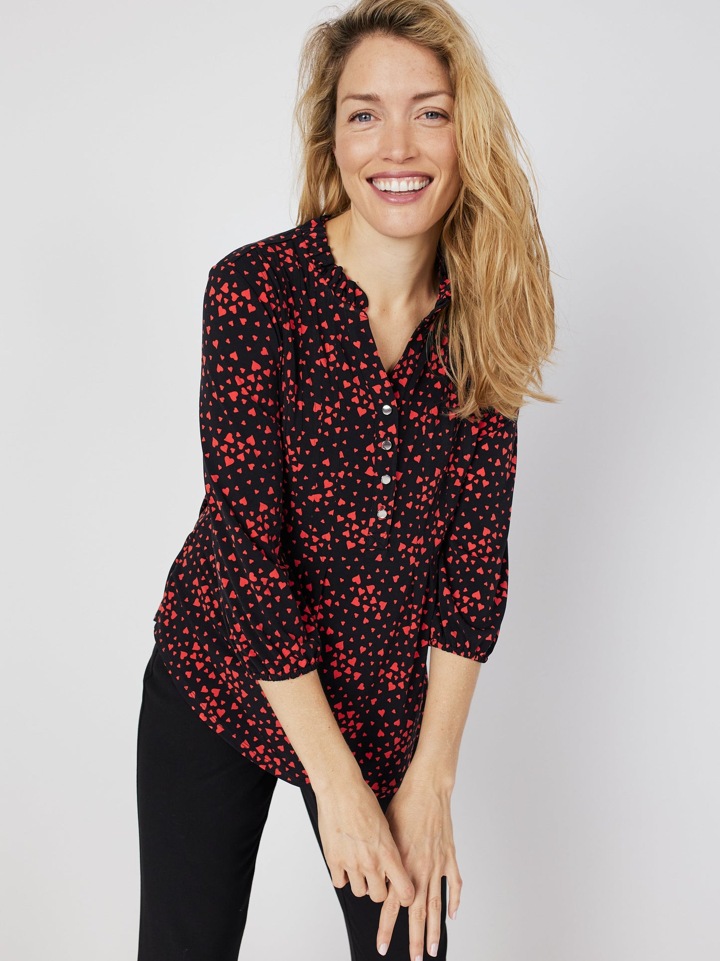 Roz & Ali Heart Print Ruffle Neck Popover