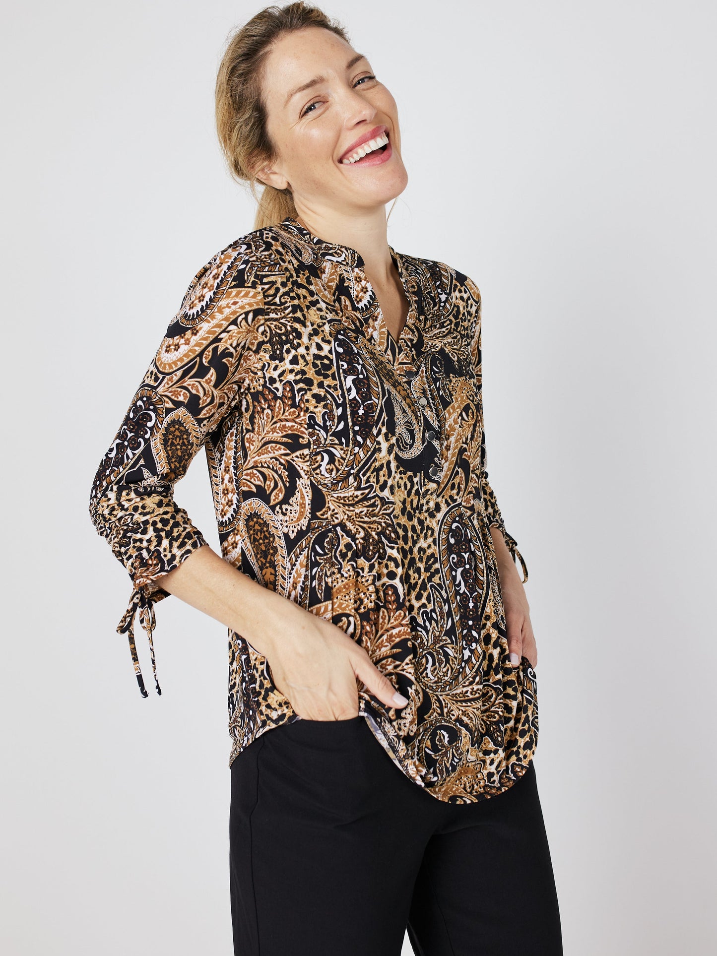 Roz & Ali Paisley Tie Sleeve Popover