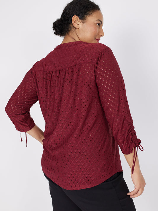 Roz & Ali Red Eyelet Tie Sleeve Popover - Plus