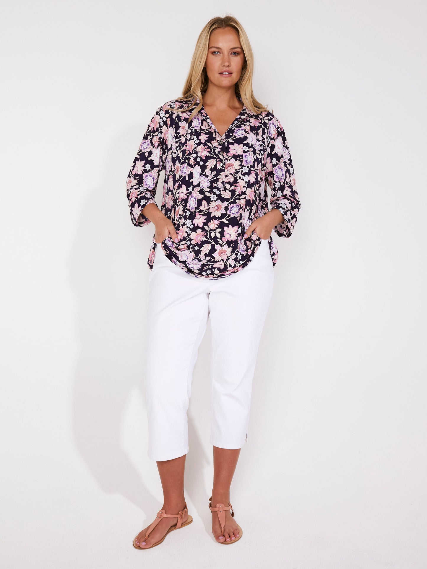 Roz & Ali Navy Ground Flower Popover - Plus