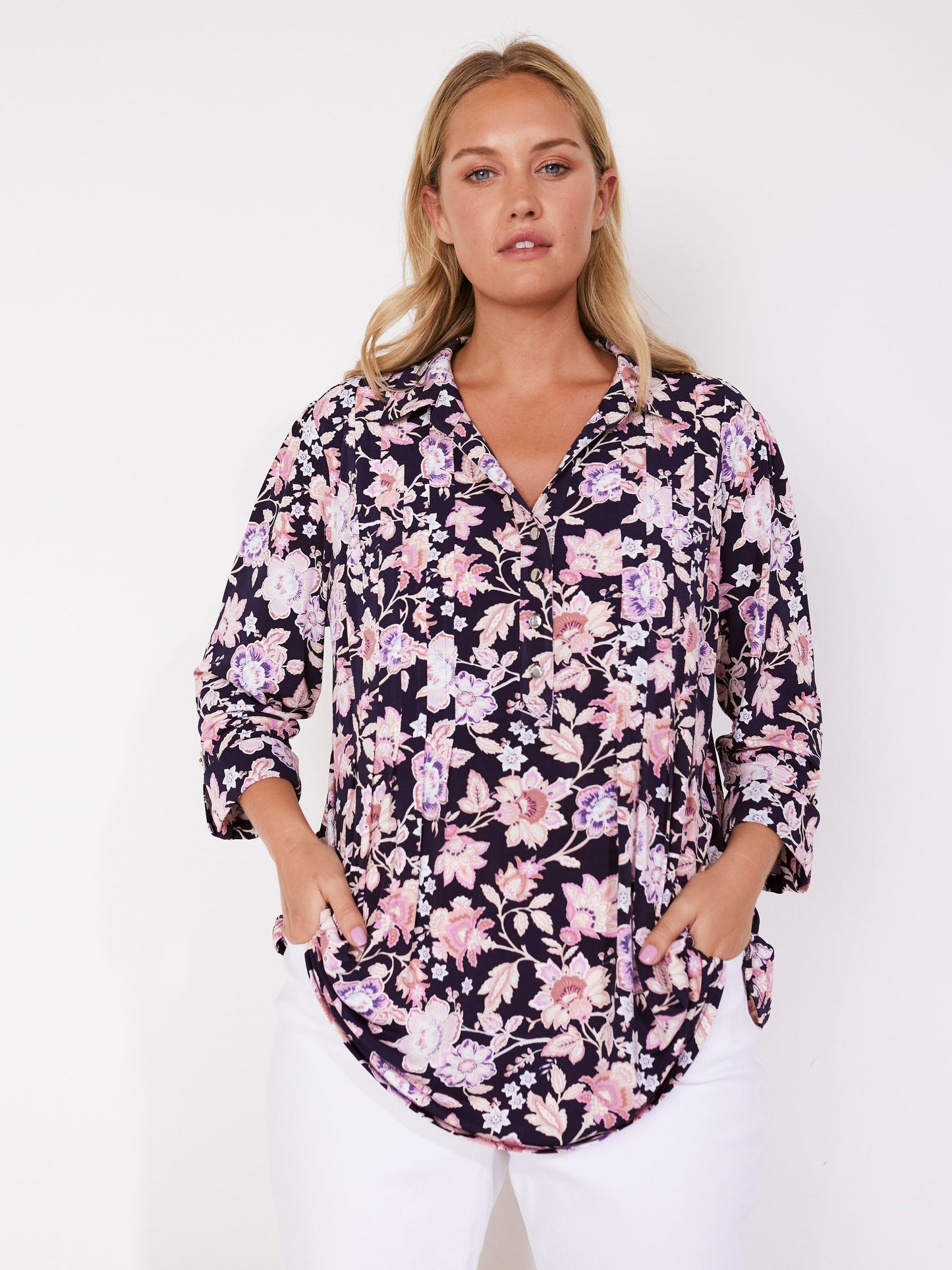 Roz & Ali Navy Ground Flower Popover - Plus