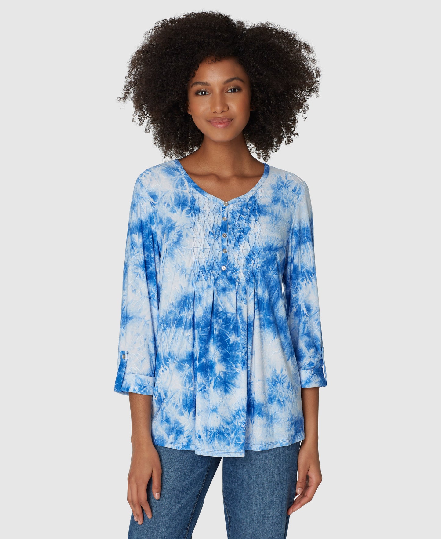 Roz & Ali V-Neck Jacquard Shadow Tie Dye Popover