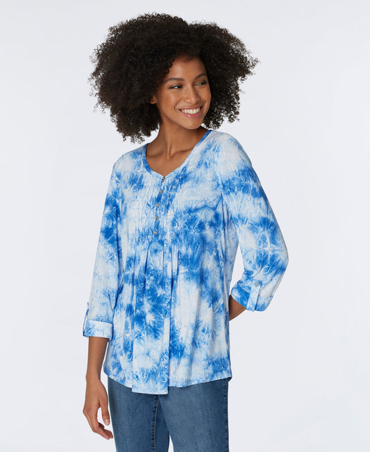 Roz & Ali V-Neck Jacquard Shadow Tie Dye Popover