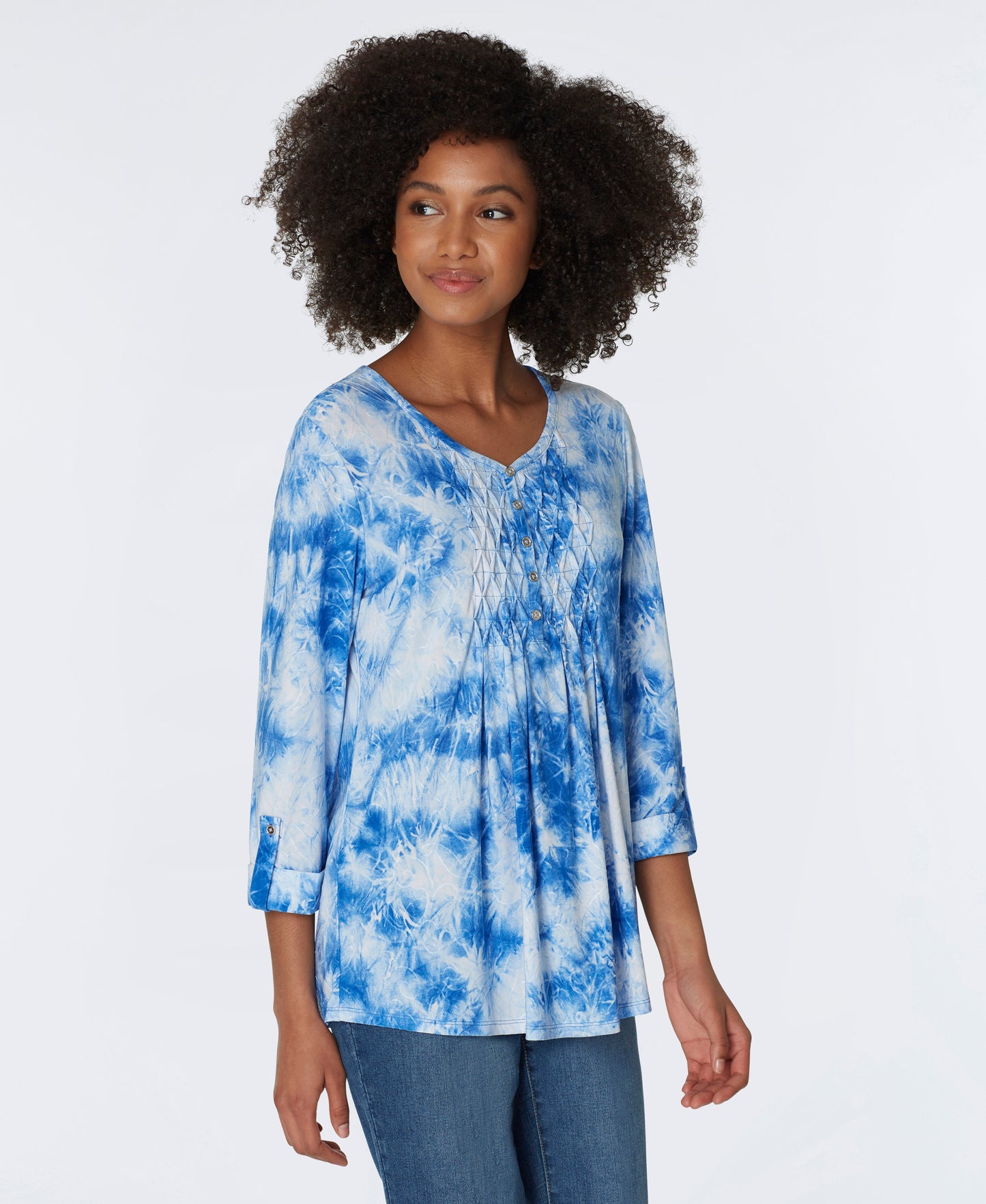 Roz & Ali V-Neck Jacquard Shadow Tie Dye Popover