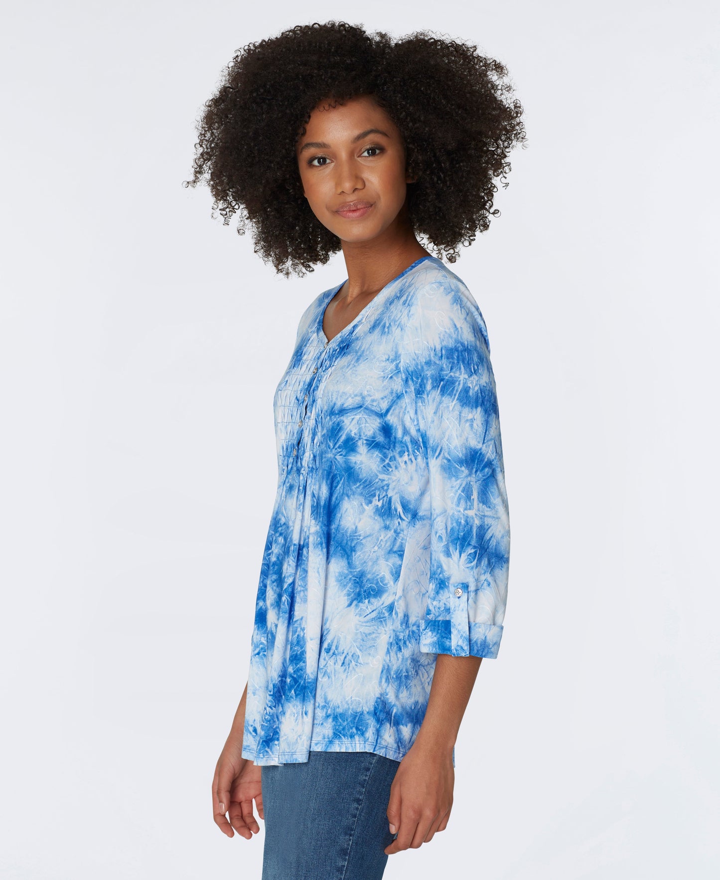 Roz & Ali V-Neck Jacquard Shadow Tie Dye Popover