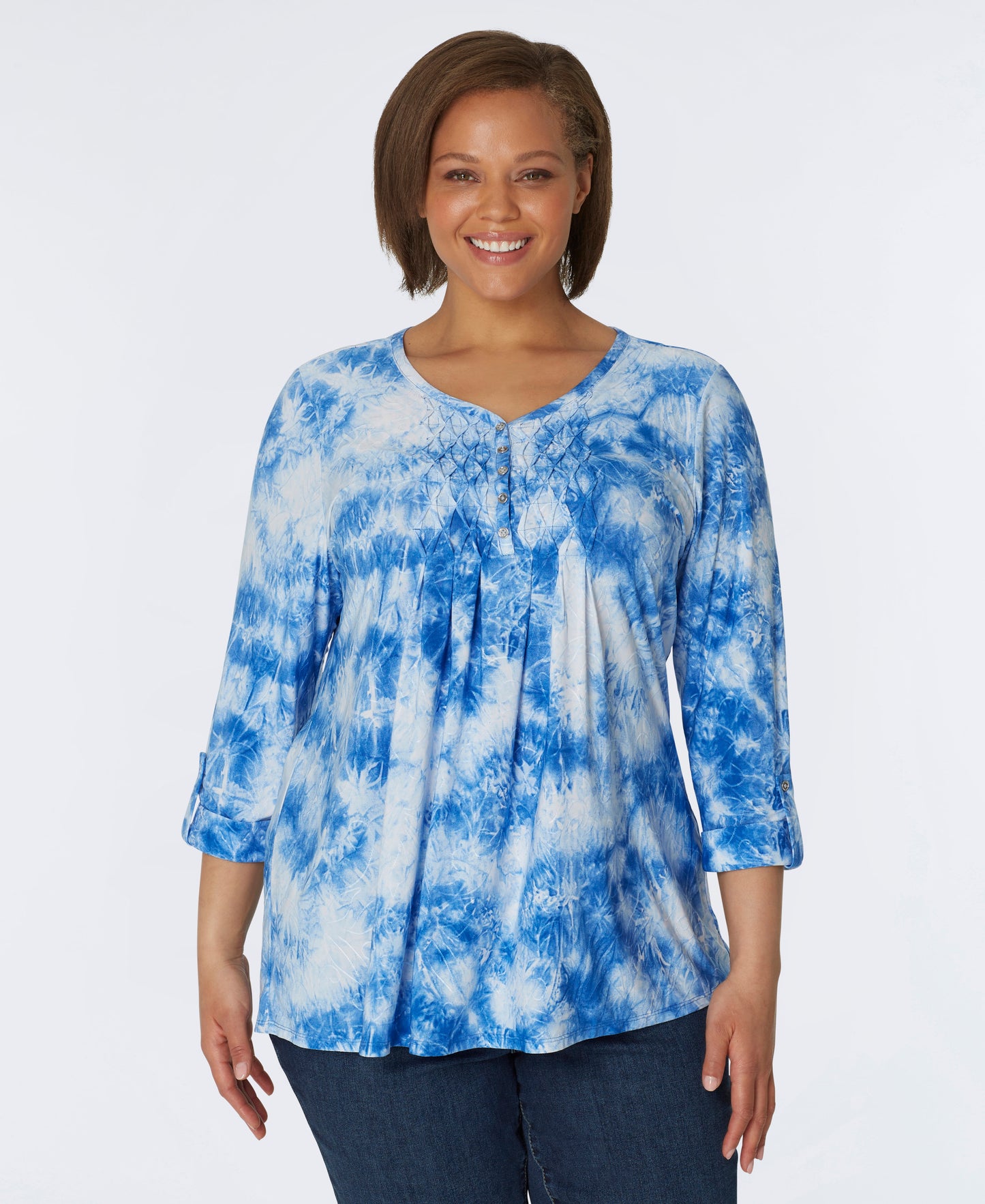 Roz & Ali V-Neck Jacquard Shadow Tie Dye Popover - Plus