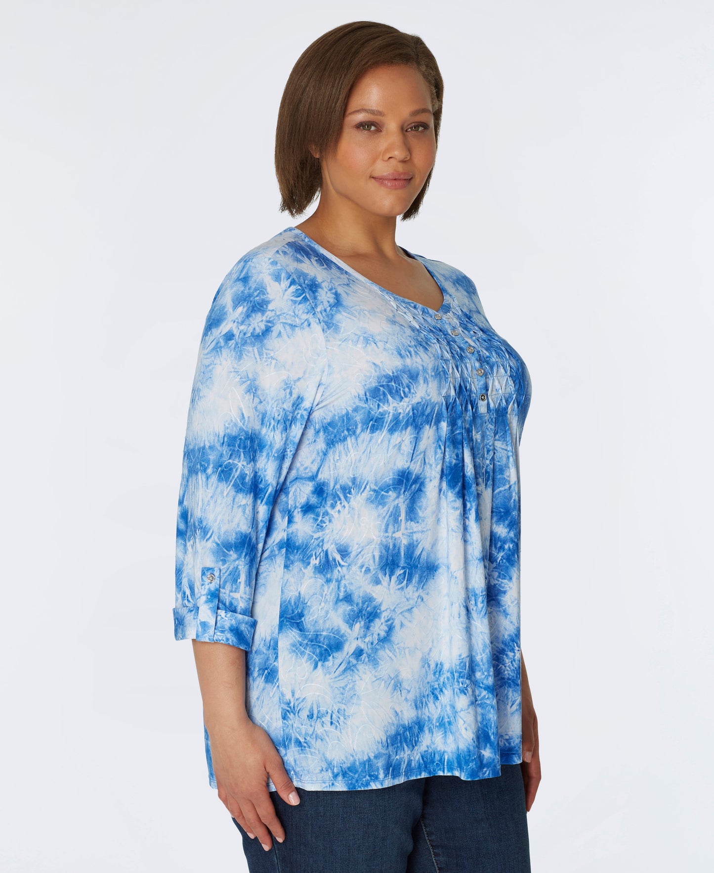 Roz & Ali V-Neck Jacquard Shadow Tie Dye Popover - Plus