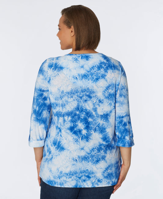 Roz & Ali V-Neck Jacquard Shadow Tie Dye Popover - Plus