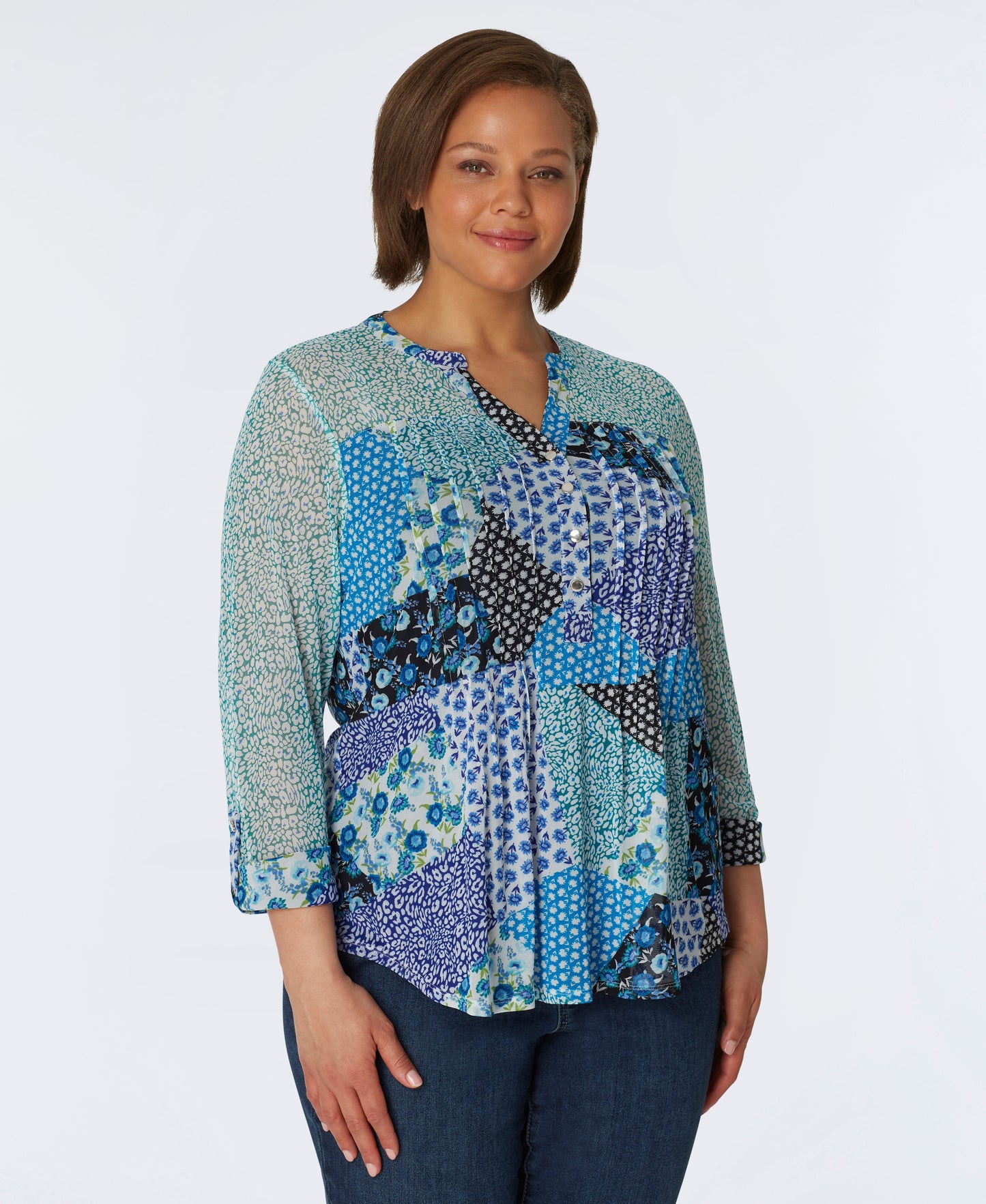 Roz & Ali Blue Mesh Patchwork Popover - Plus