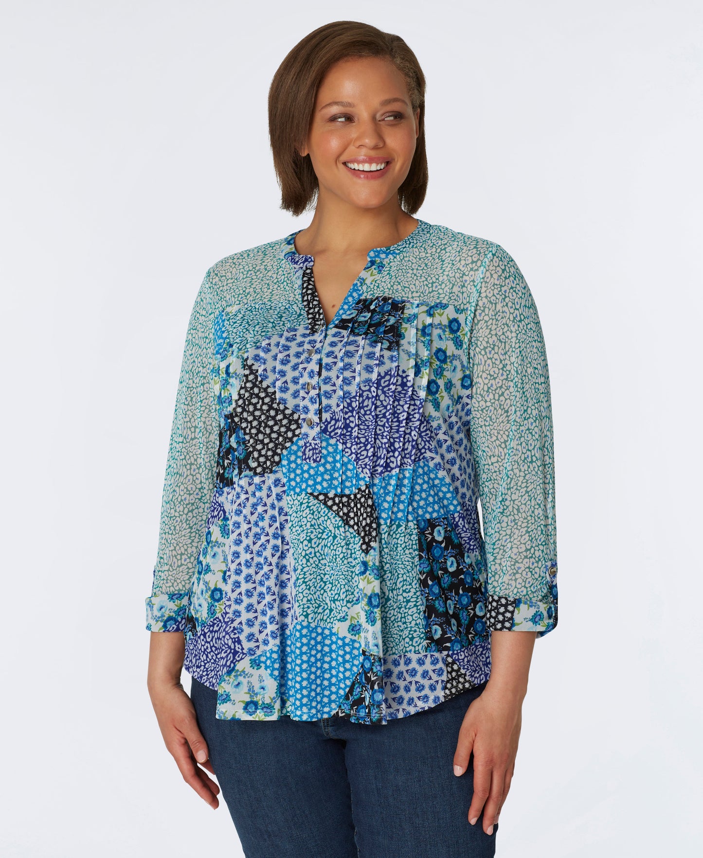 Roz & Ali Blue Mesh Patchwork Popover - Plus