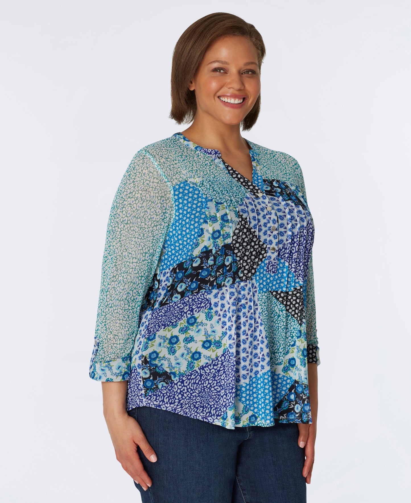 Roz & Ali Blue Mesh Patchwork Popover - Plus