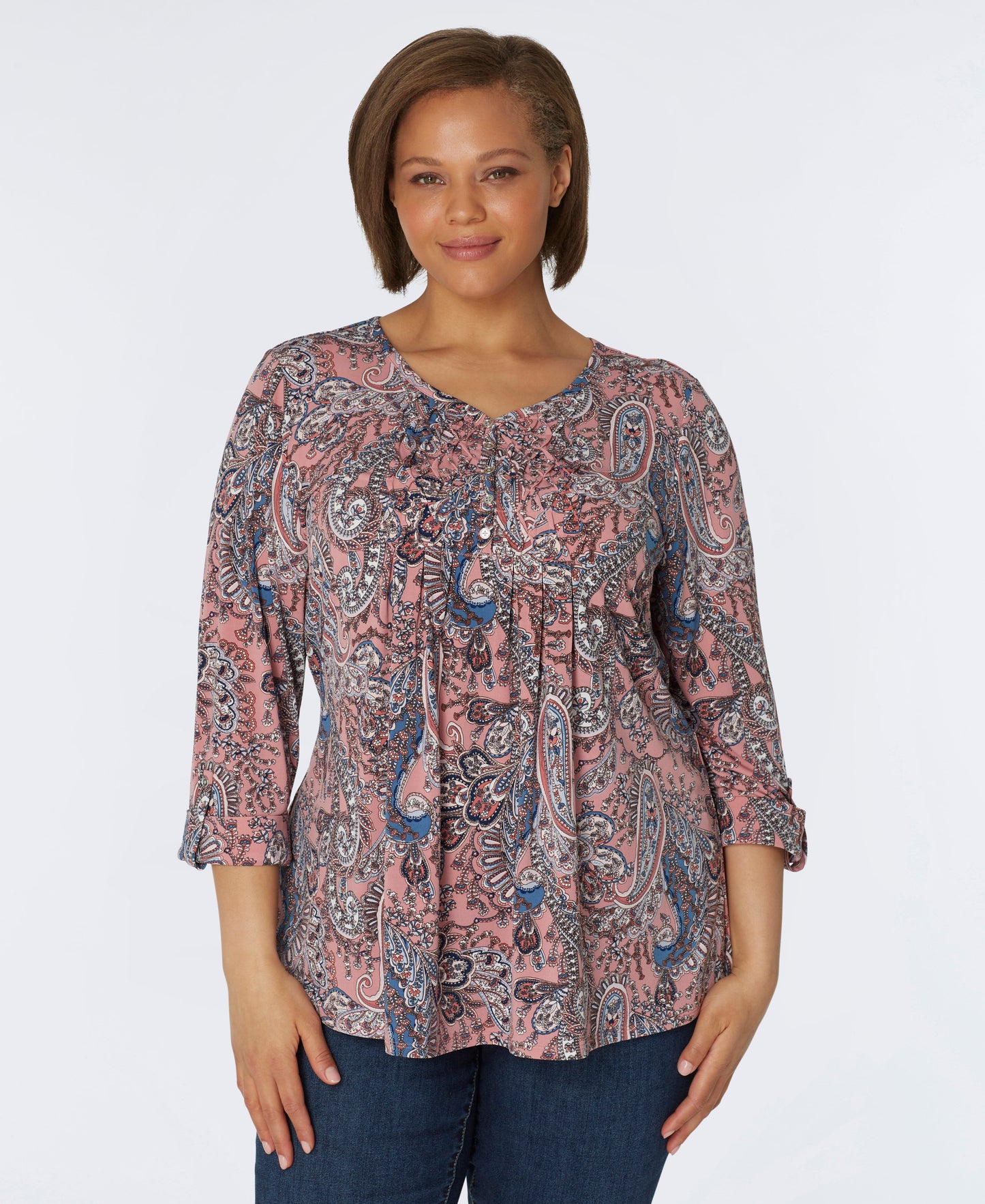 Roz & Ali V-Neck Diamond Stitch Paisley Popover - Plus