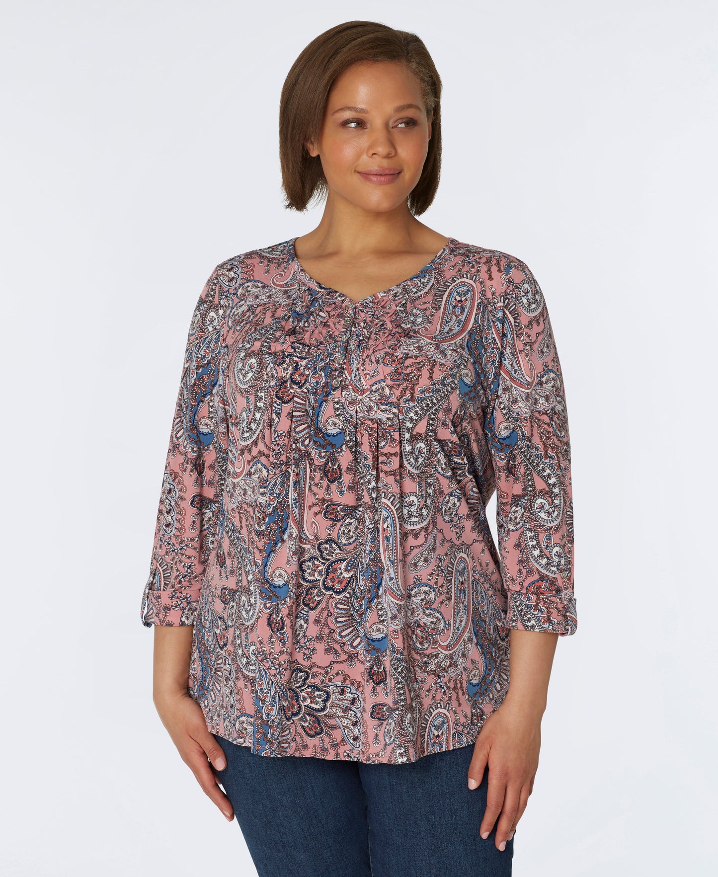 Roz & Ali V-Neck Diamond Stitch Paisley Popover - Plus