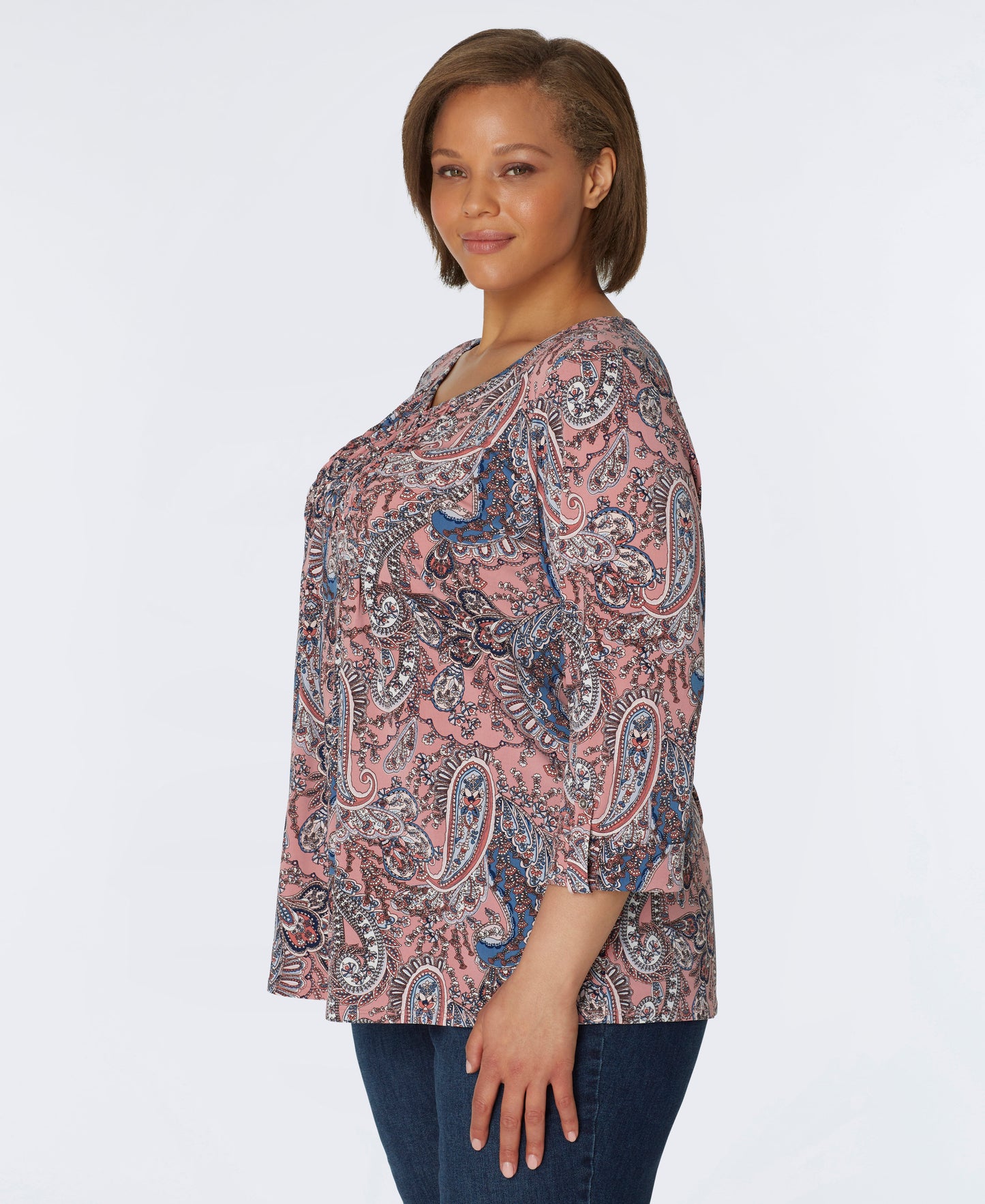 Roz & Ali V-Neck Diamond Stitch Paisley Popover - Plus