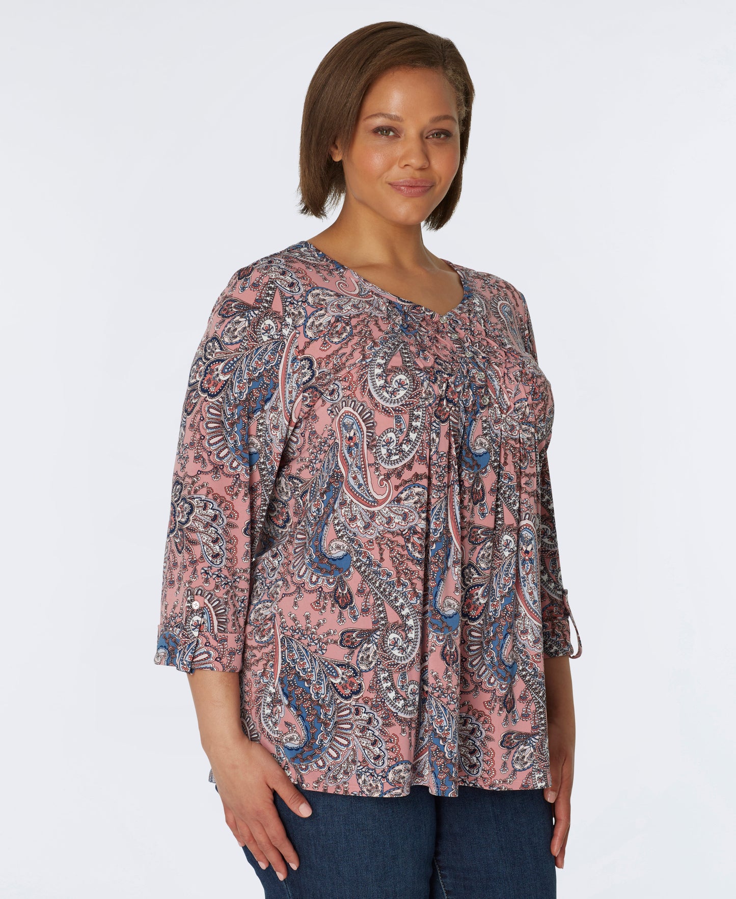 Roz & Ali V-Neck Diamond Stitch Paisley Popover - Plus