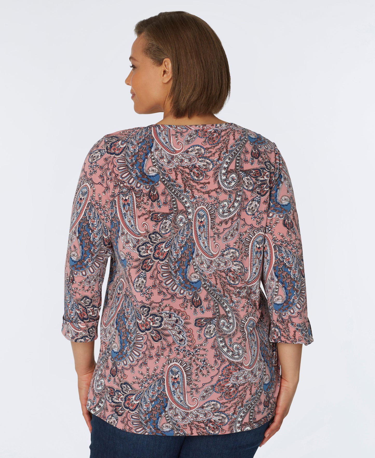 Roz & Ali V-Neck Diamond Stitch Paisley Popover - Plus