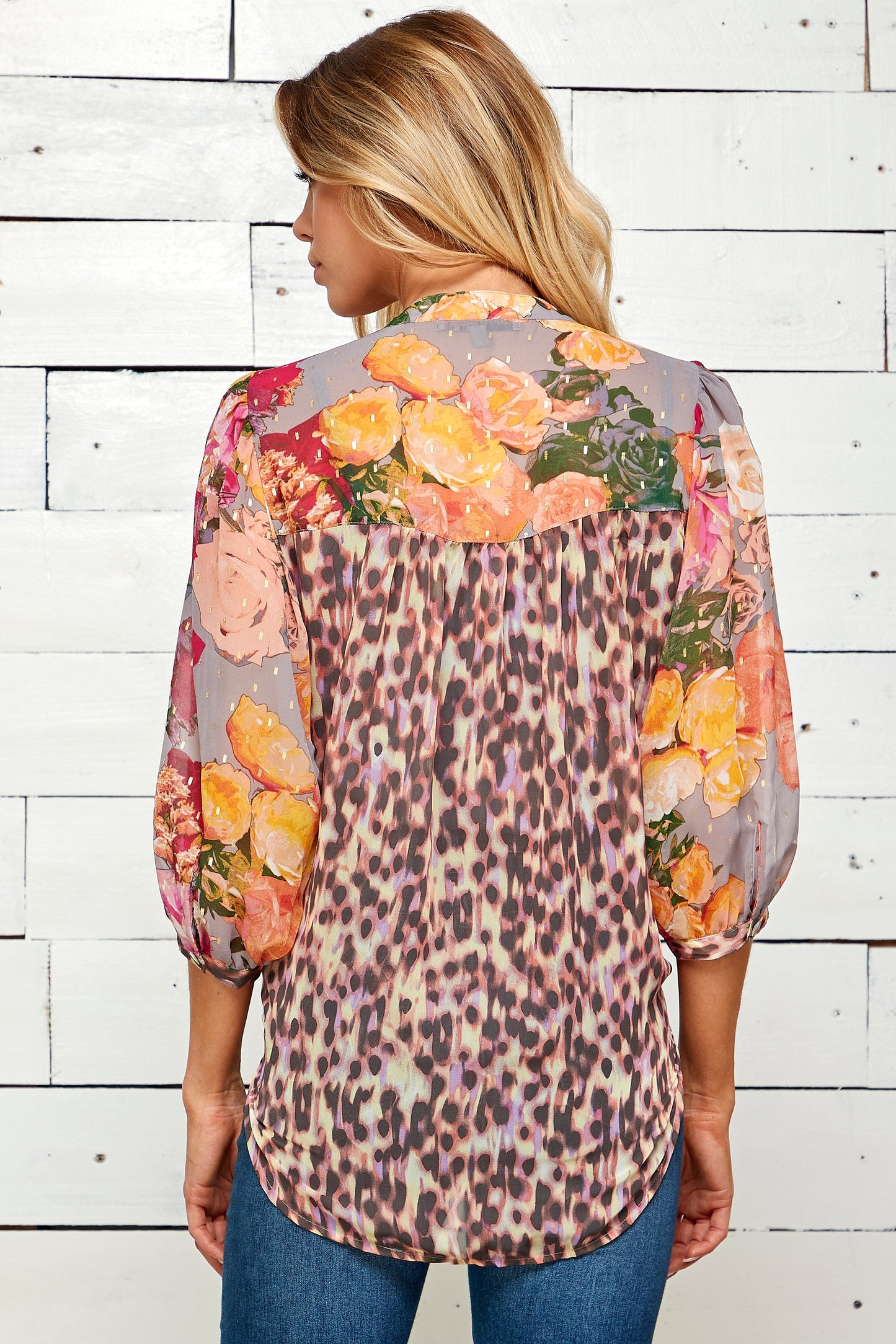 Figueroa & Flower 3/4 Mixed Print Sleeve Blouse