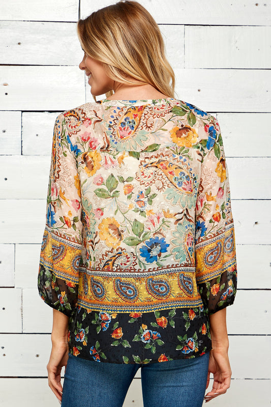 Figueroa & Flower 3/4 Border Print Sleeve Blouse