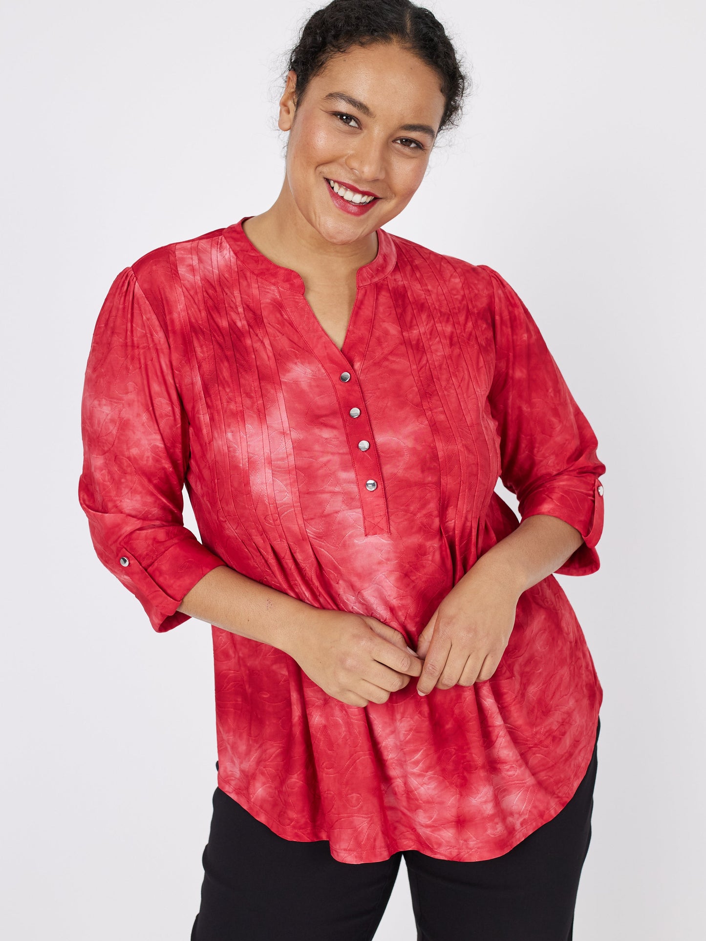 Roz & Ali Red Jacquard Tie Dye Popover - Plus