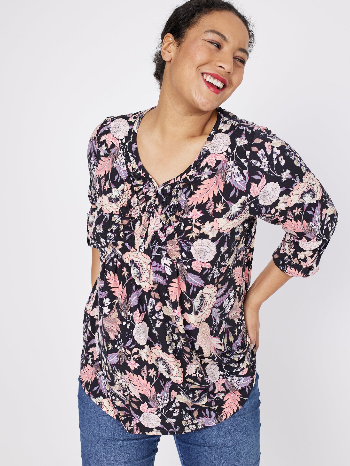 Roz & Ali Floral Diamond Stitch Pintuck Popover - Plus