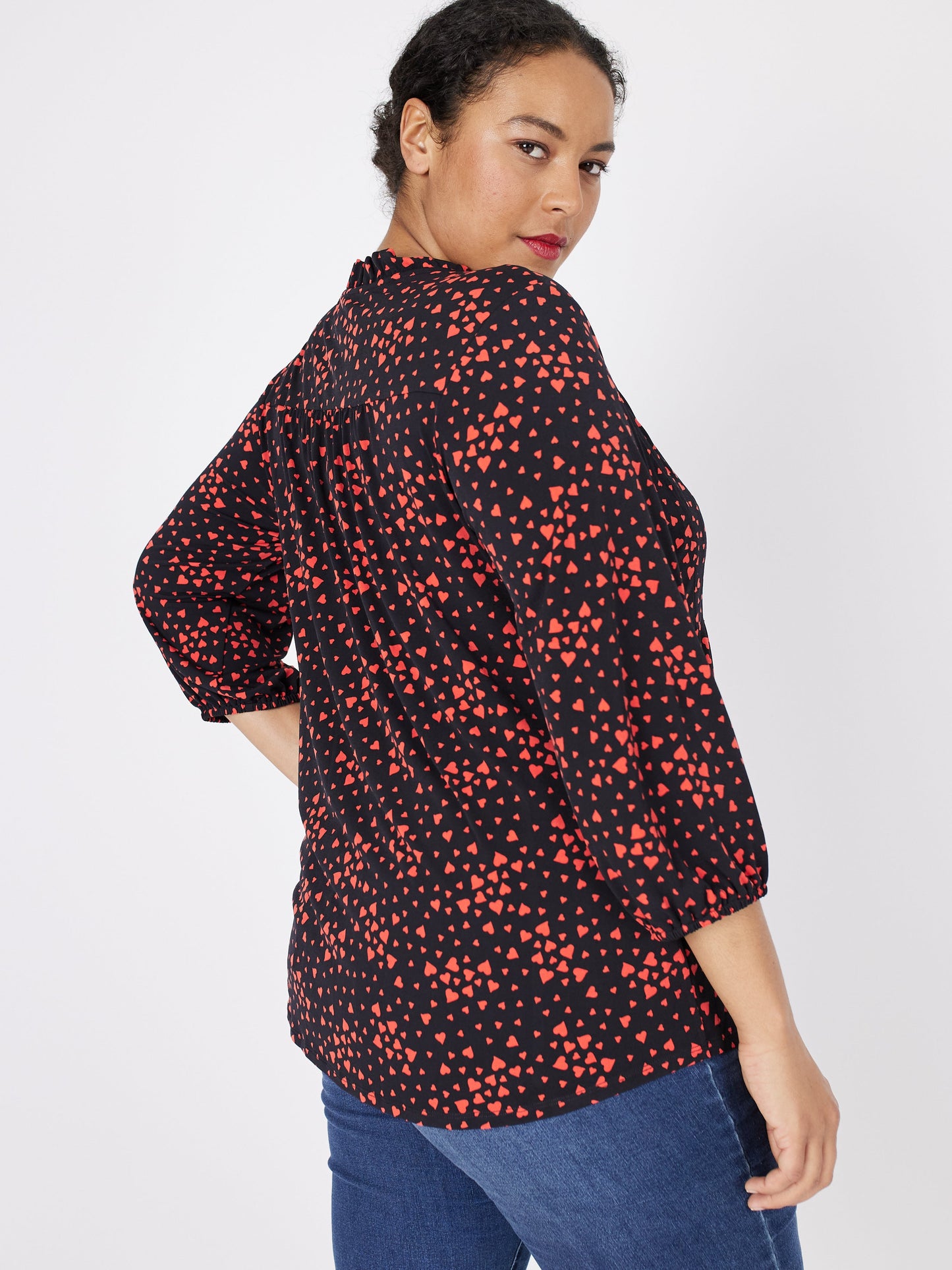 Roz & Ali Heart Print Ruffle Neck Popover - Plus