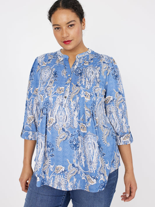 Roz & Ali Denim Paisley Pintuck Popover - Plus