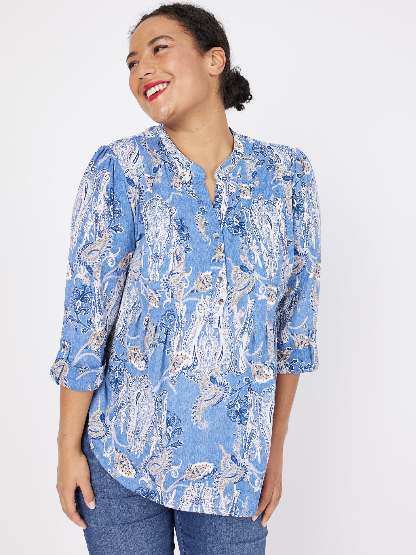 Roz & Ali Denim Paisley Pintuck Popover - Plus