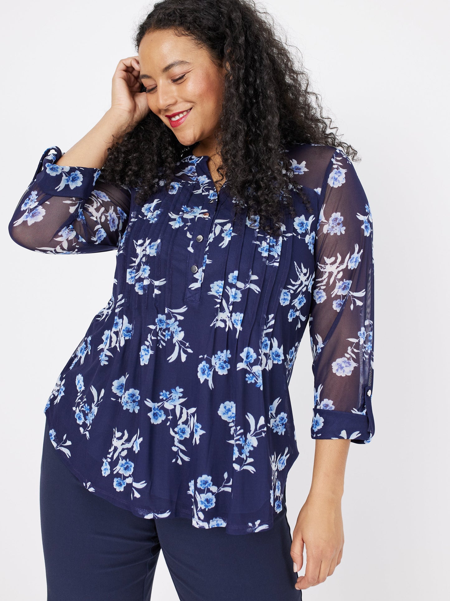 Roz & Ali Blue Mesh Floral Popover - Plus