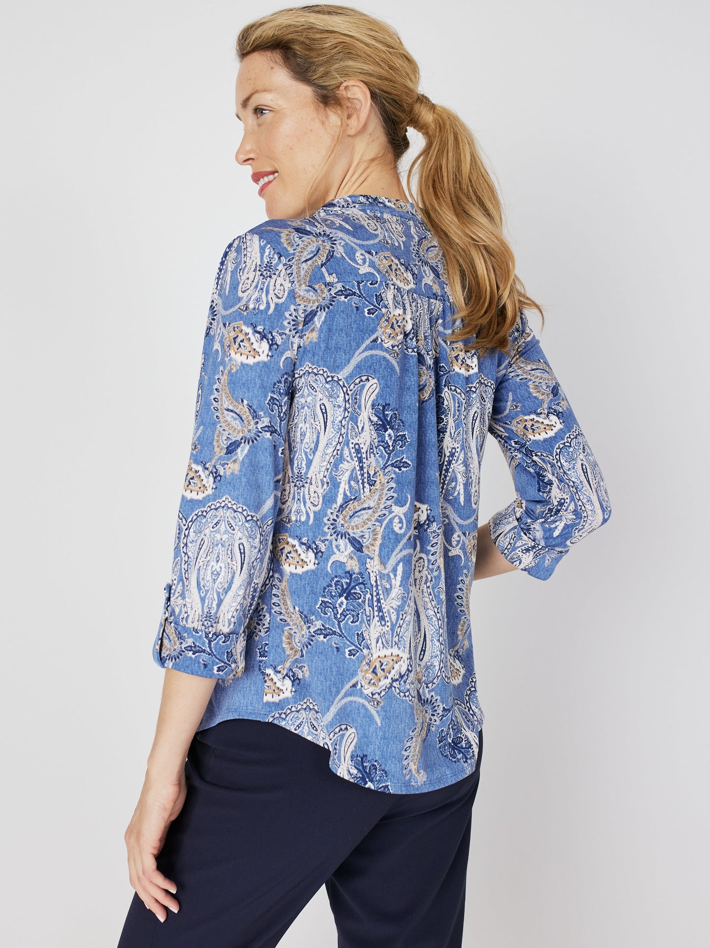 Roz & Ali Denim Paisley Pintuck Popover