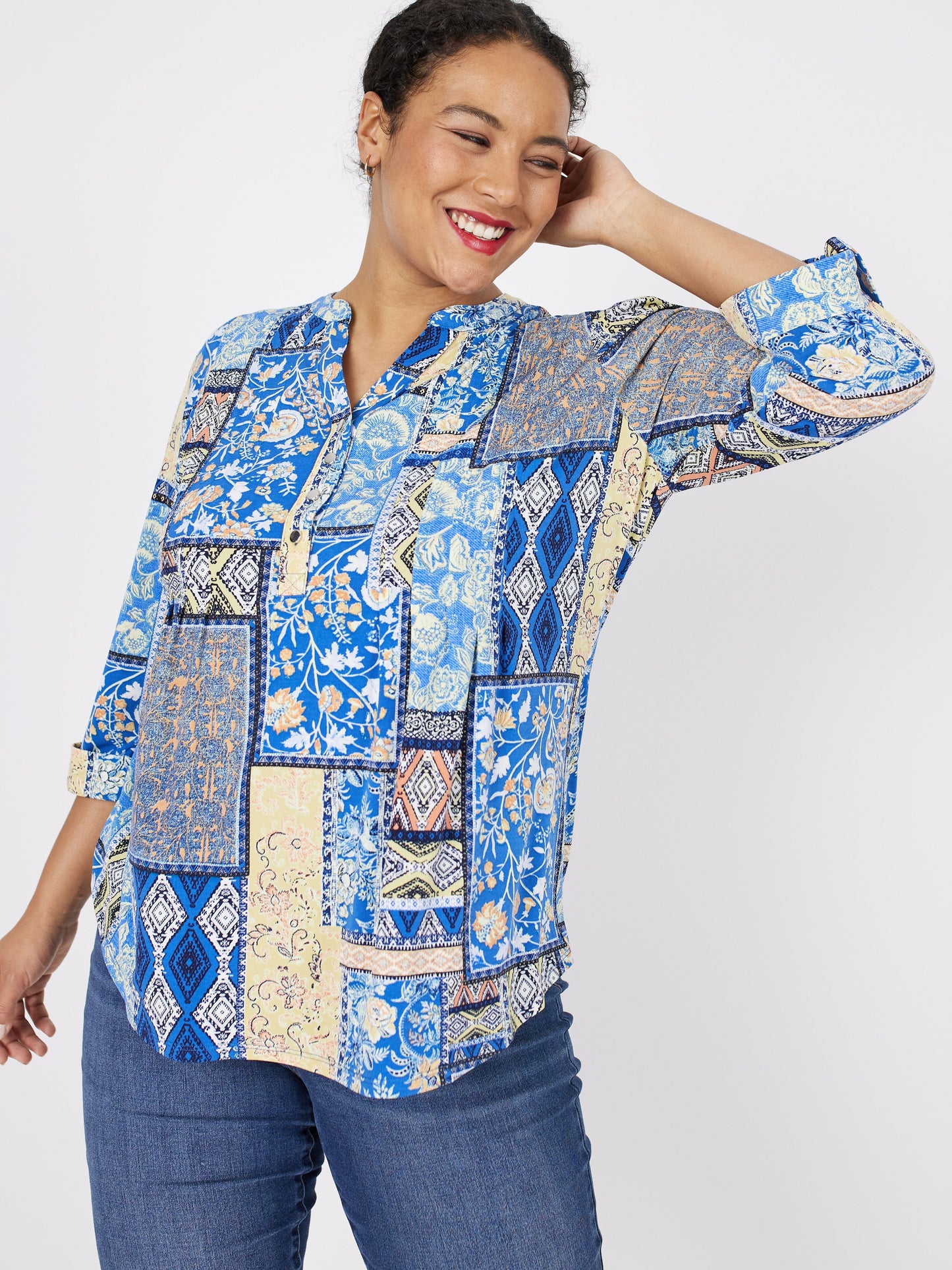 Roz & Ali Denim Friendly Patchwork Popover - Plus