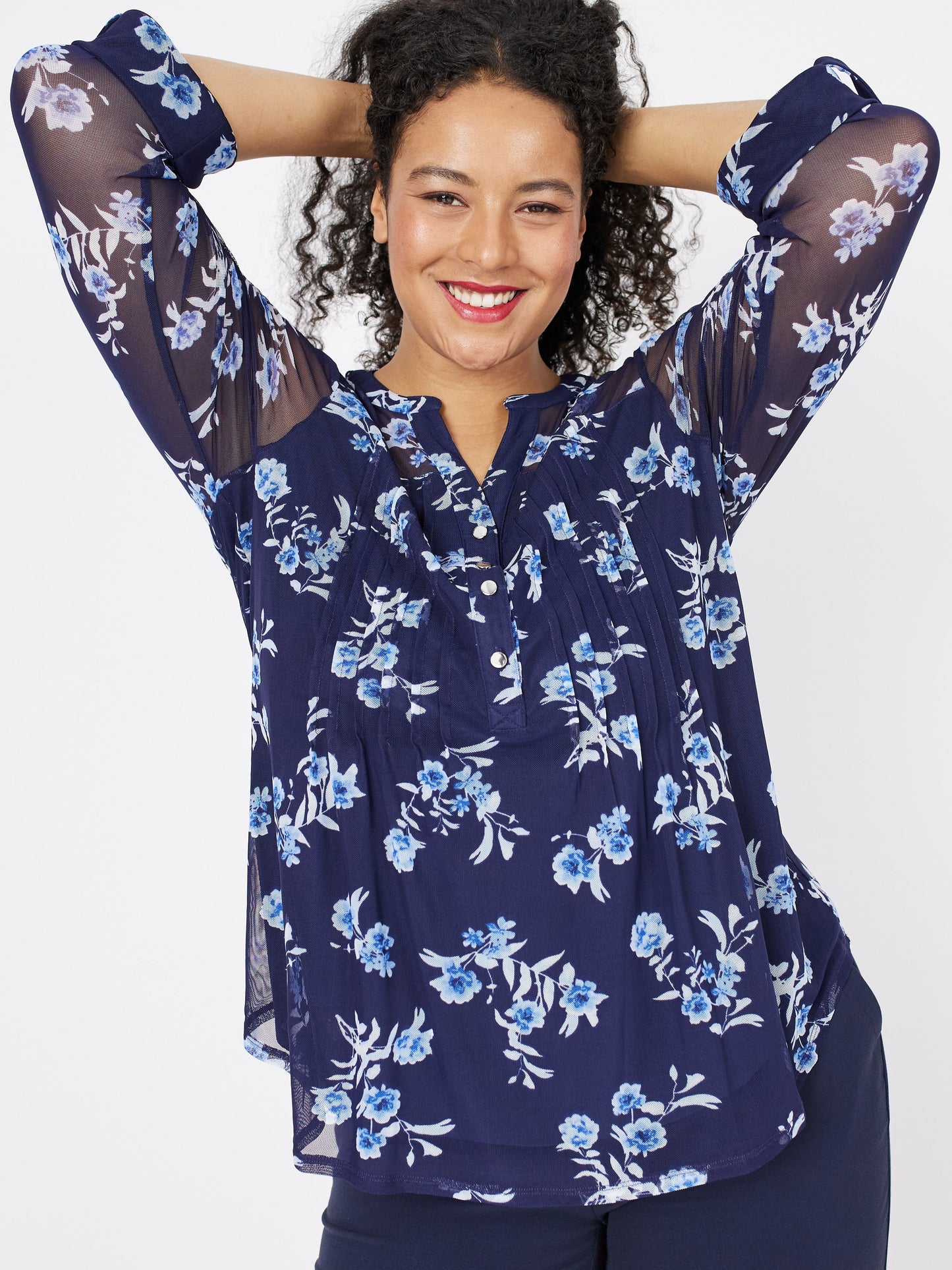 Roz & Ali Blue Mesh Floral Popover - Plus