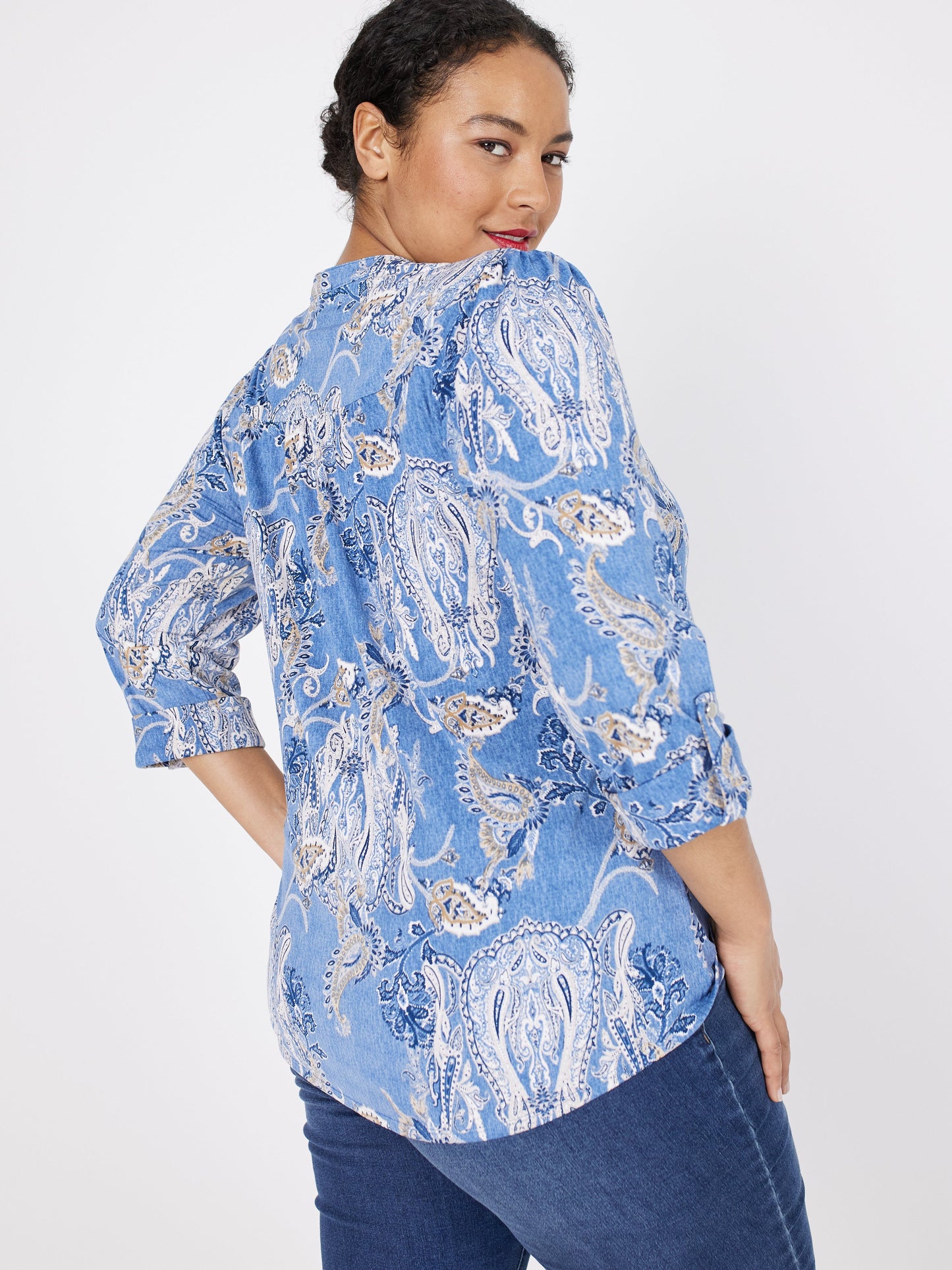 Roz & Ali Denim Paisley Pintuck Popover - Plus