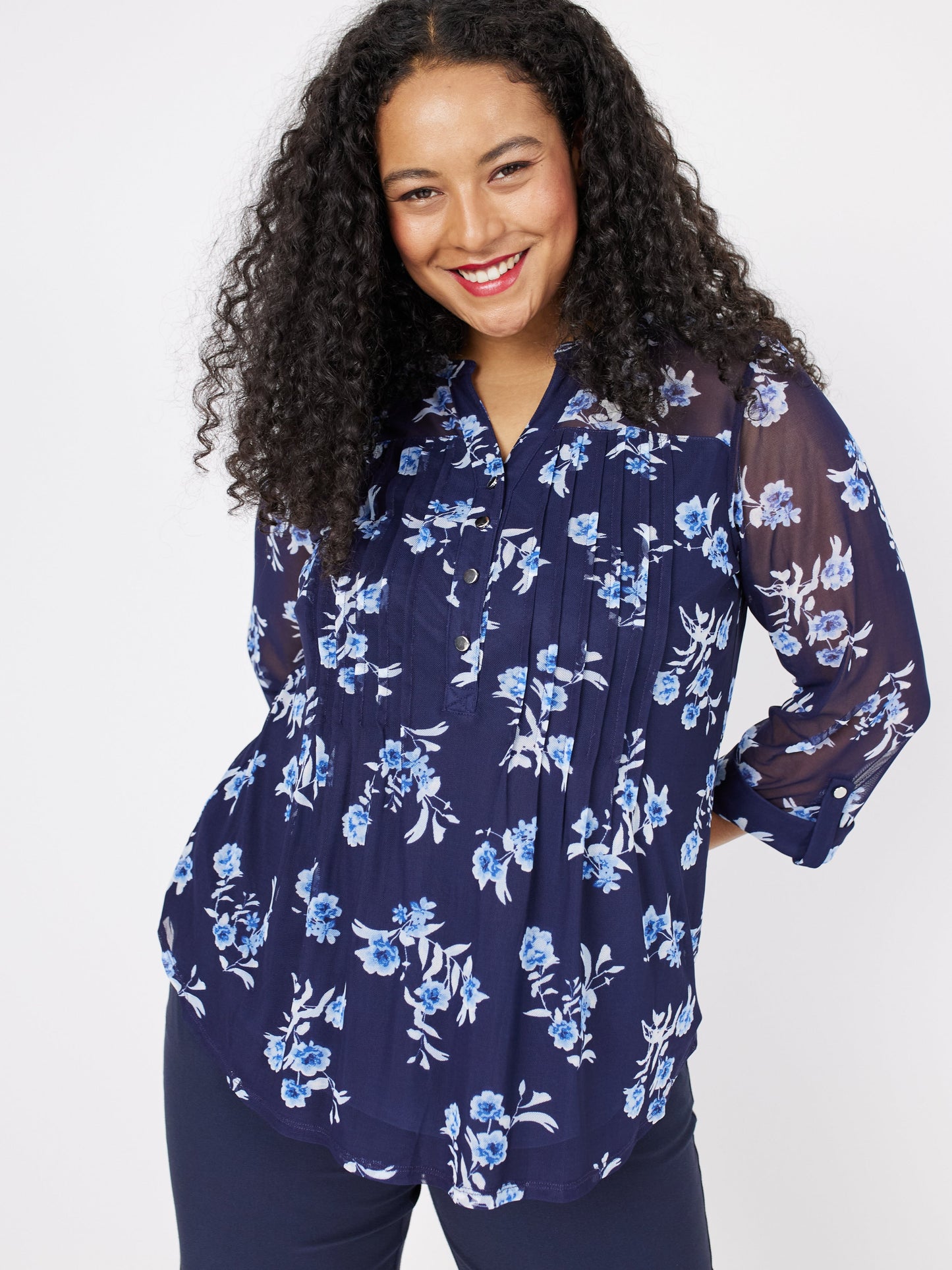 Roz & Ali Blue Mesh Floral Popover - Plus