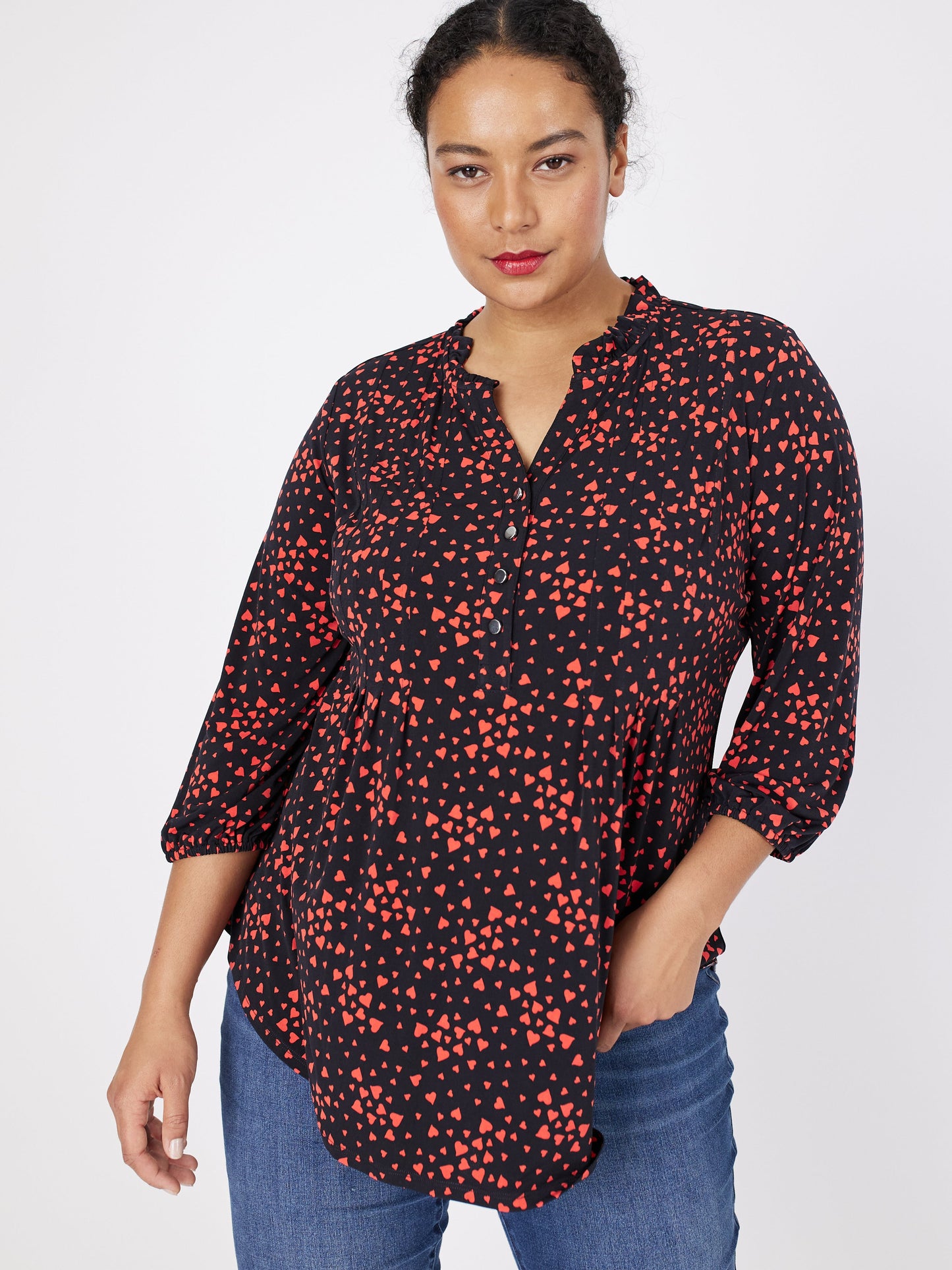 Roz & Ali Heart Print Ruffle Neck Popover - Plus