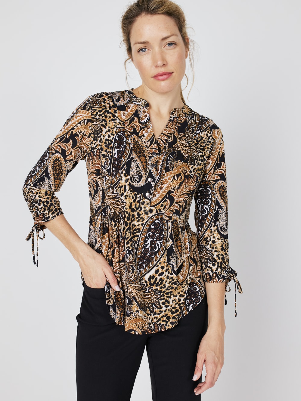 Roz & Ali Paisley Tie Sleeve Popover