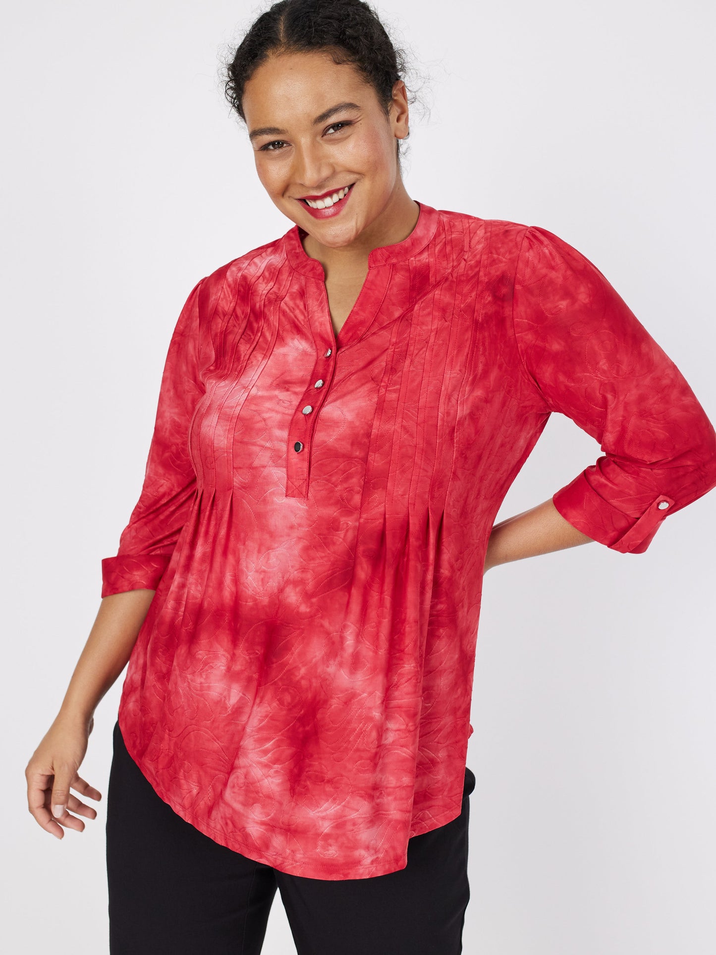 Roz & Ali Red Jacquard Tie Dye Popover - Plus