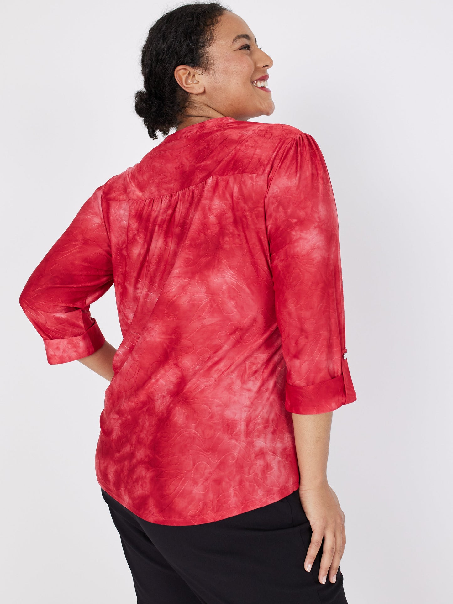 Roz & Ali Red Jacquard Tie Dye Popover - Plus