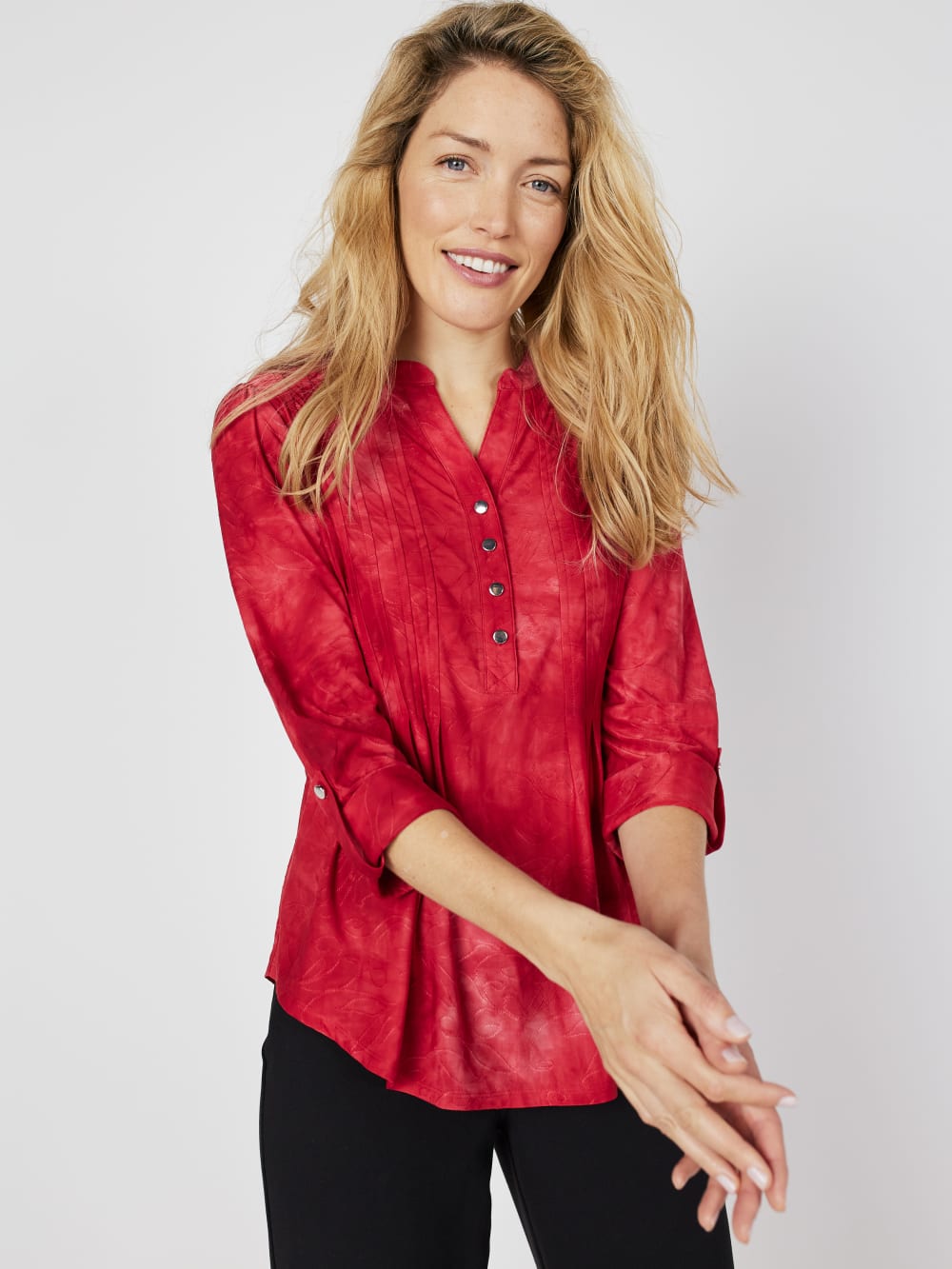 Roz & Ali Red Jacquard Tie Dye Popover