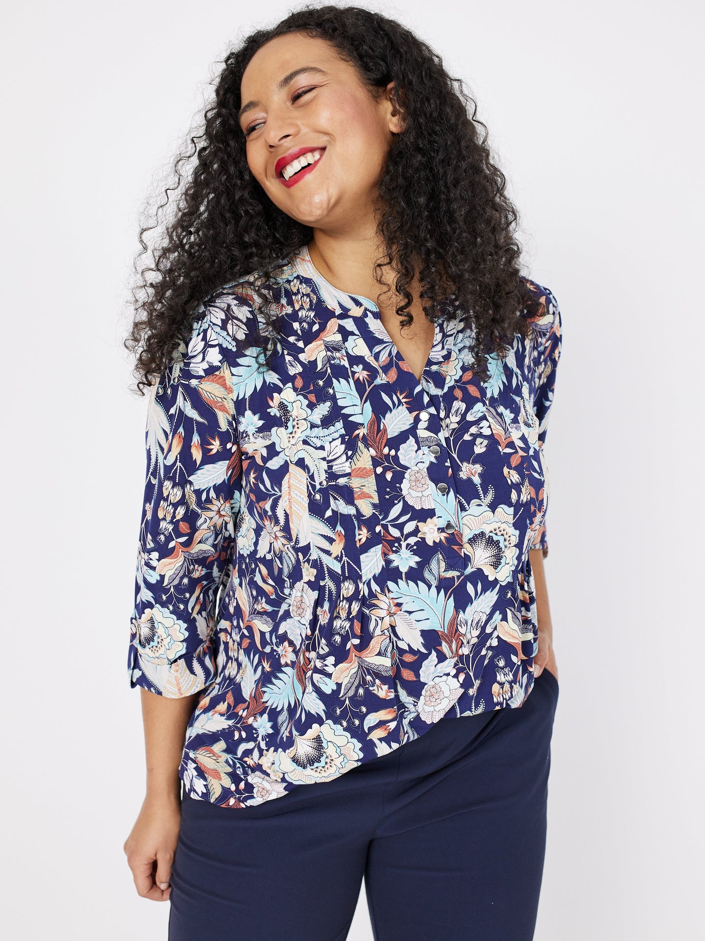 Roz & Ali Navy Jacobean Floral Popover - Plus