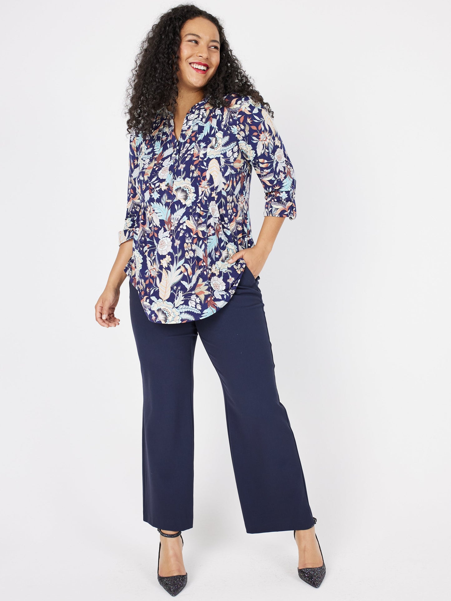 Roz & Ali Navy Jacobean Floral Popover - Plus