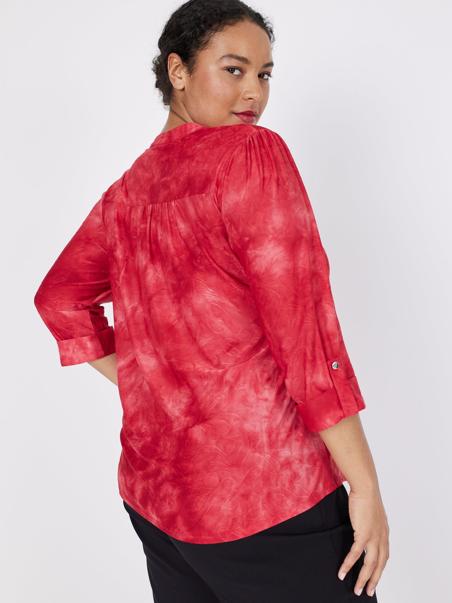 Roz & Ali Red Jacquard Tie Dye Popover - Plus